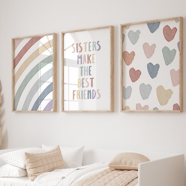 Watercolor Pastel rainbow sisters make the best friends Digital print, set of 3 nursery wall art, girls room wall decor, baby shower gift