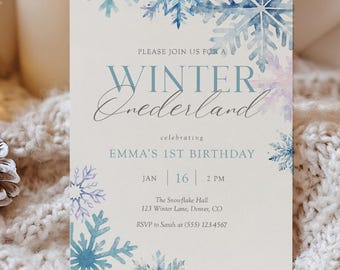 Winter Onederland Boy First Birthday Invitation with Icy Blue Watercolor Snowflakes Editable Corjl Template