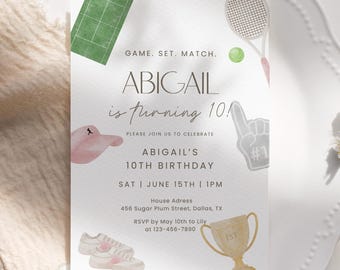 女の子向けピンクテニス10歳の誕生日招待状、スポーツ誕生日招待状、プレッピーなアスレチックガール