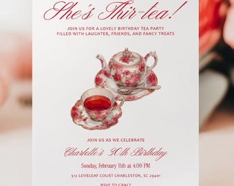 Invitación para fiesta de té de cumpleaños número 30, plantilla editable Coquette ThirTea Birthday