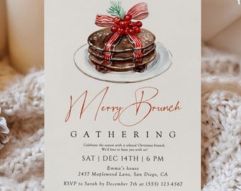 Può includere: Un invito festivo per un "Merry Brunch Gathering" con un'illustrazione ad acquerello di pancake con frutti di bosco e sciroppo. Il testo è scritto in un elegante carattere. L'invito include la data, il 14 dicembre alle 18:00.