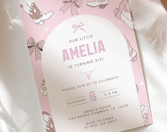 Pink Cowgirl Birthday Invitation Coquette Bow 6th Birthday Western Editable Template