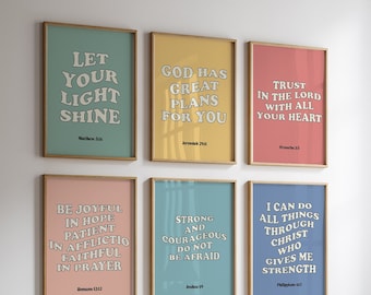 Modern Christian Kids bible verse set of 6, Retro Christian Groovy scripture wall art, Sunday school Christian Home school Classroom decor