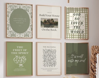 Saliegroene christelijke schriftkunstafdrukken: galeriewandset (digitale download)