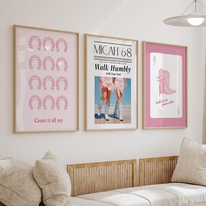 Aesthetic Pink Cowgirl coastal Christian art set of 3 coquette wall decor, preppy religious teen girl room decor, housewarming gift