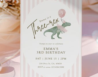 Pink three rex t-rex birthday invitation, Girl's birthday party, editable template, digital download