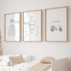 Blue Golf Nursery  wall art set of 3 Personalized Name, Vintage Sports Nursery Decor, Kids Sports Wall Art Set, Custom name baby shower gift