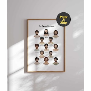 May include: A printable poster featuring illustrations of Jesus and the twelve disciples. The poster has a white background with black text that reads "The Twelve Disciples".