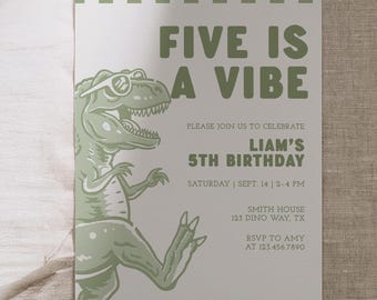 Convite de aniversário retrô com tema de dinossauro, modelo de convite para festa de aniversário de 5 anos com T-Rex