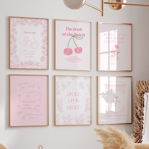 Light pink aesthetic Christian bible verse set of 6, Girly coquette preppy scripture Christian girl room decor, Dorm wall art, faith gift