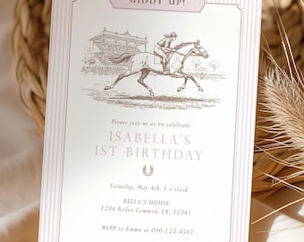 Giddy Up Birthday Invitation Pink Horse Derby Equestrian Preppy Editable Template
