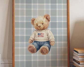 Preppy Teddy Bear Wall Art Gingham Plaid Polo Style Boys Nursery Printable
