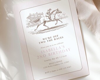 Off two the Races Invitation 2nd Birthday Pink Horse Derby Editable Template
