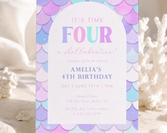 Editable Mermaid Summer Birthday Invitation Template Pink Purple Girls Fourth Printable Invite