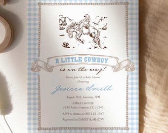Liten Cowboy Baby Shower-inbjudan, Blå Gingham Western Rodeo