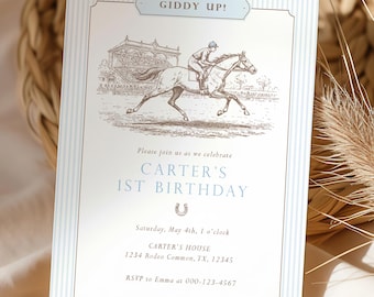 Giddy Up Birthday Invitation Horse Racing Derby Vintage Equestrian Editable Template