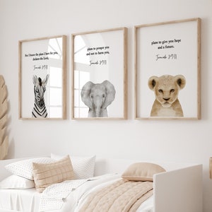 Jeremia 29:11 Safari dieren christelijke kinderen bijbelvers muur kunst set van 3, schrift decor, christelijke wand decor, baby dierenkamer inrichting