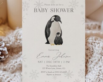 Winter Penguin Baby Shower Invitation Editable Template with Watercolor Mama and Chick