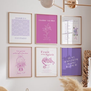 Pink and Purple Bible verse Gallery wall set of 6,  Coquette wall decor, Trendy Aesthetic scripture art, Christian gift, Preppy room decor