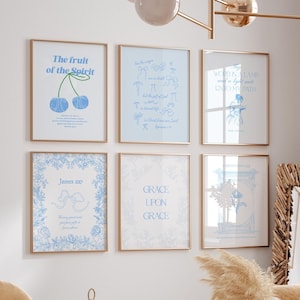 Girly blue aesthetic Christian bible verse set of 6, coquette preppy scripture Christian coastal granddaughter room decor, housewarming gift