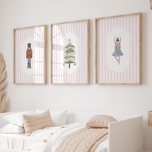 Pink Christmas Nutcracker Prints, preppy Holiday home decor, Watercolor Vintage Christmas room decor, winter wonderland, Seasonal wall art