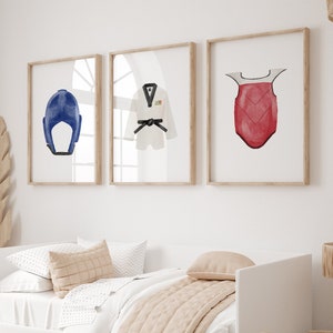 Conjunto de 3 artes de parede de taekwondo, decoração de parede de artes marciais, arte de parede para jogadores de esportes infantis, decoração de quarto infantil, decoração de sala de jogos esportivos vintage