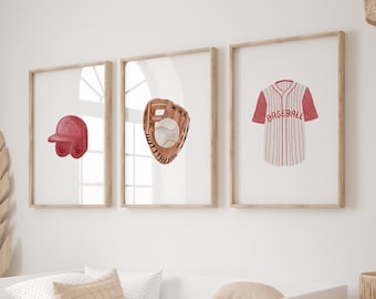 Láminas de béisbol en acuarela para habitación infantil: Decoración deportiva para habitación de bebé (descarga digital)