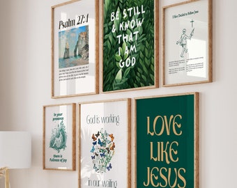 Groene christelijke schriftkunstafdrukken: moderne galerijwandset (digitale download)