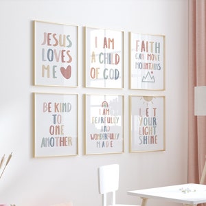 Christian Nursery Wall Decor, Pastel boho Set of 6 kids bible verse wall art, Nursery Bible Wall Sunday School Church Nursery Decor Bundle