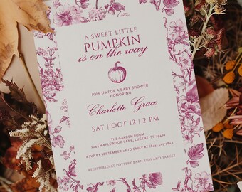 Burgundy Toile Pumpkin Baby Shower Invitation Editable Template