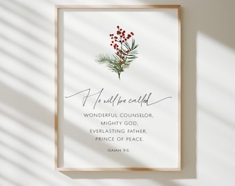 Jesaja 9: 6 Druck, Weihnachtsbibel-Vers-Wandkunst, Weihnachtsschrift-Druck, Weihnachtsdekoration, Er wird genannt werden, Weihnachtszitat-Druck