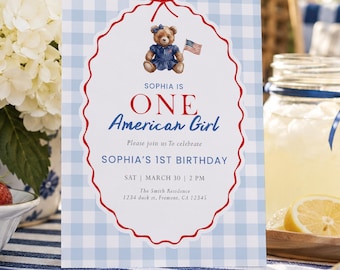Adrette Teddybär-Mädchen-Geburtstags-Einladung, 4. Juli Party-Vorlage, blau Gingham, Corjl