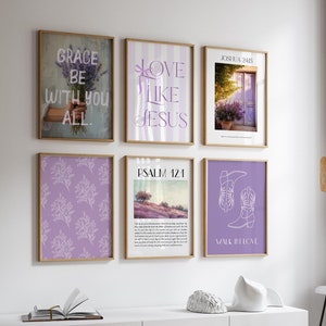 Purple Christian bible verse set of 6, Trendy Aesthetic preppy scripture Christian girl room decor, Dorm APT wall art, housewarming gift