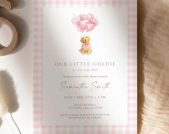 Zaproszenie na baby shower z motywem Golden Retrievera w kolorze różowym, w kratkę gingham, z klasycznym szablonem dla dziewczynki