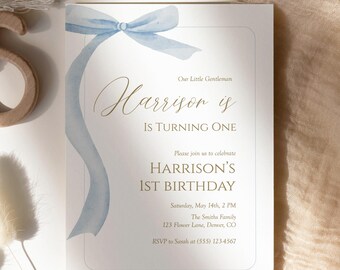 Blue Little Gentleman Bow Birthday Invitation, Editable Template, Digital Download