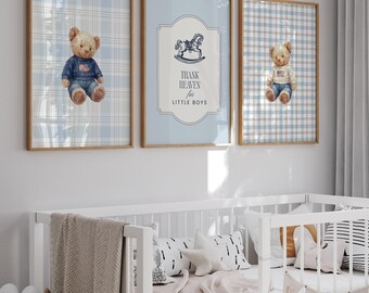 Vintage Teddy Bear Nursery Art, Preppy Boys Room Decor (Set of 3) (Digital Download)