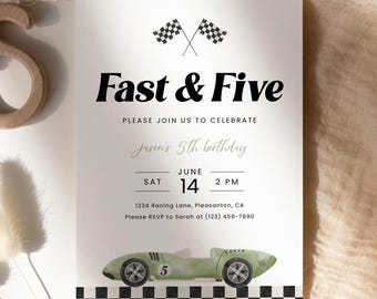 Fast and Five Race Car 5th Birthday Invitation Sage Green Editable Template