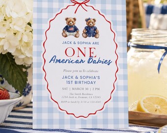 Zwilling 1.Geburtstags-Einladung, All American 4. Juli Sommerparty Preppy Digitaler Download