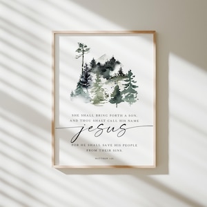Matthew 1:21 Print, Printable  Christmas Christian Wall Art, Watercolor Scripture Poster, KJV Bible Verse Jesus Print Digital Downloads