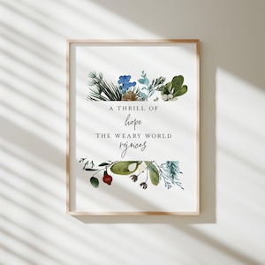 A thrill of hope the weary world rejoices watercolor print, Christmas wall art, Christian Christmas hymn decor, Printable wall art, download