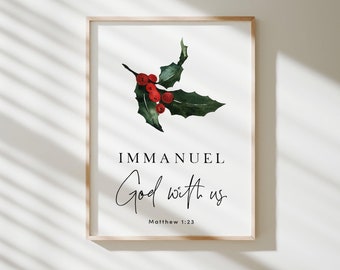 Immanuel God With Us Christmas Scripture Wall Art Printable with Watercolor Holly Berries