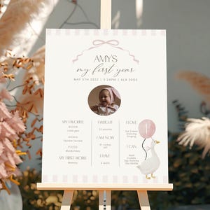 Pink Silly Goose Milestone Sign Party Decor, Baby Girl First Birthday Editable Poster, Classic Minimal 1st Birthday Sign Template 03082