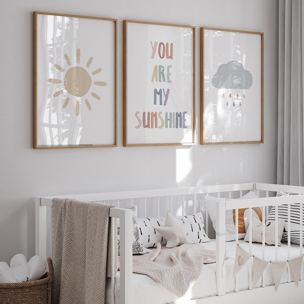 Pastel you are my sunshine cloud sun print set of 3, PRINTABLE baby girls room wall decor, boho nursery wall decor, kids room poster