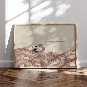 Puede incluir: Un fondo beige con una cita de Mateo 14:27, "Ten valor, soy yo. No temas." La cita está escrita en negro. El fondo presenta una ilustración estilizada de un barco y una persona caminando sobre el agua con olas en tonos rosados y marrones.