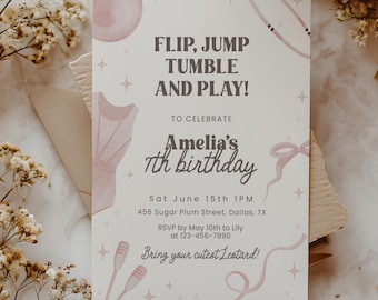 Pink Gymnastics Birthday Invitation Editable Template, Coquette Bow Girl Sports Party Invite