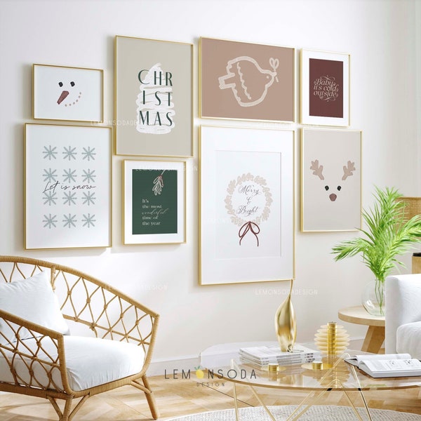 Christmas prints Set of 8, BOHO Christmas wall art, Christmas gallery wall bundle, Christmas wall decor, Snowman Reindeer wonderful time