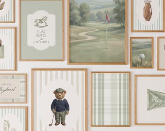 Vintage teddy bear golf wall art bundle, nursery sports sage green boys room decor, digital download