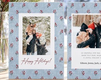 Blue and Burgundy Holiday Photo Card Template Winter Berry Christmas Greeting Digital or Printed