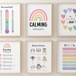 Conjunto pastel de 6 arte de pared de esquina calmante, estrategias calmantes, carteles educativos, gráfico de sentimientos de emociones, decoración del aula niños Montessori17