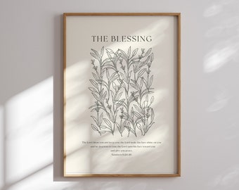 The blessing Numbers 6:24-26 printable wall art, sage green bible verse wall decor, Modern Christian botanical home decor, Christian gift